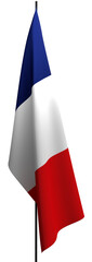 A French flag hanging from a mast on a transparent background. Indoor flagpole of France.