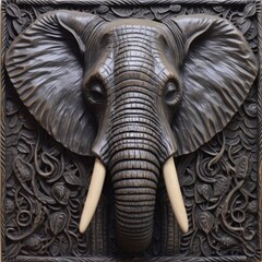  a Bull Elephant elegantly carved into Ebony wood with ornamental features Ornamental Nature-themed, JPG. Generative AI