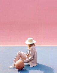 a woman in a hat and pink outfit sitting on court hol - obrazy, fototapety, plakaty