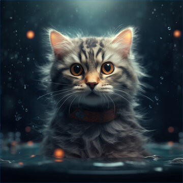 a gray cat is sitting on top of a shallow pool of water, in the style of photorealistic fantasies, playful character designs, realistic lighting, oleksandr bogomazov, water drops, dark cyan.