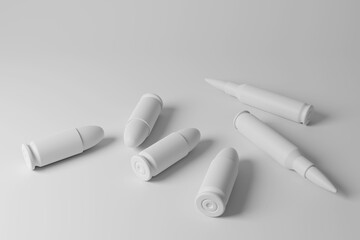 White 9mm and 7.62x51mm bullets scattered on white background forming monochrome style. Illustration of the concept of gun laws