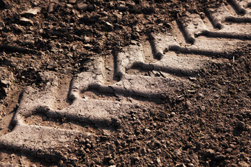 Tractor wheel print in dark soft ground.