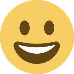 Grinning Face. Emoji vector icon. A yellow face with simple, open eyes and a broad, open smile, showing upper teeth and tongue on some platforms. Often conveys general pleasure and good cheer or humor