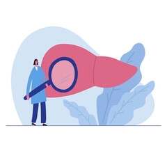 Liver organ and doctor checking organ hand drawn flat vector illustration on isolated white background. Concept for medicine, gastroenterologist, infectious disease specialist, fight against hepatitis