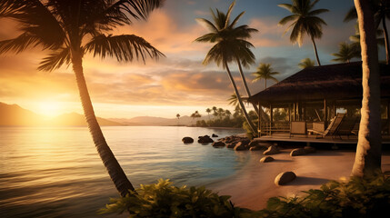 Pusta plaża w raju nad morzem wśród palm - obrazy, fototapety, plakaty
