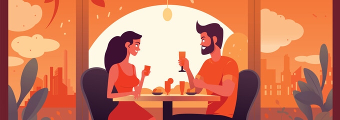 Vector art of couple having meal in restaurant