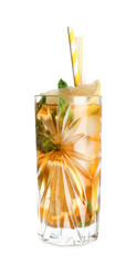 Glass of ice tea with lemon and mint on white background