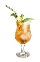 Glass of ice tea with lemon and mint on white background