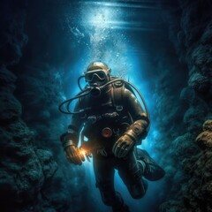 Obraz na płótnie Canvas Diver explores the cracks, Crevices and holes in a coral reef in a deep ocean cavern.