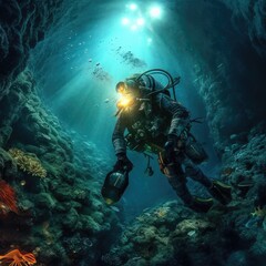 Scuba deep sea diver swimming in a deep ocean cavern, Underwater exploration.