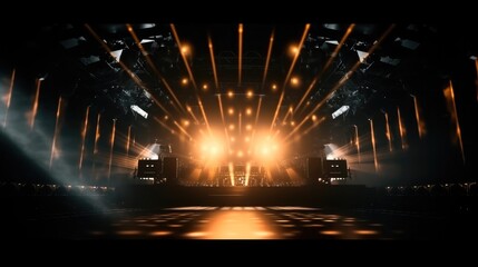Stage with lights, Lighting devices, Lights beams through a smoky atmosphere.