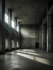 Empty brutalist room with no furniture, created with generative AI technology