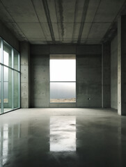 Empty brutalist room with no furniture, created with generative AI technology
