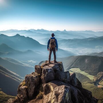 Man with backpack standing on the top of a mountain overlooking a stunning view.