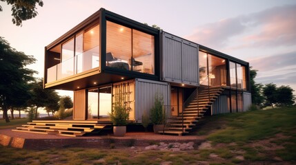 House with minimal design, Sustainably repurposed shipping container as modern home.