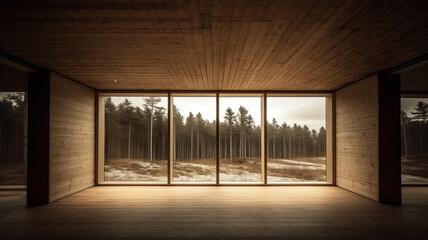 Empty interior of cabin in the woods with no furniture, created with generative AI technology
