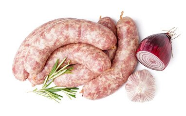Raw fresh sausages, rosemary, onion and garlic on white background