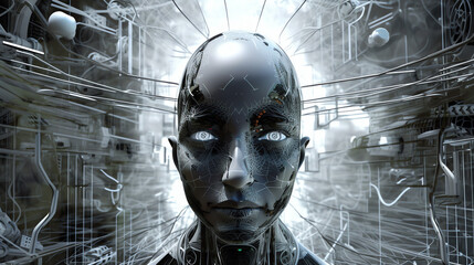 Female cyborg head in an imagined information network