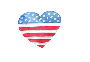 American flag heart USA watercolor flags illustration on transparent background. 4th of July,  United States. Greeting card, travel flyer, party invitation. Hand painted 