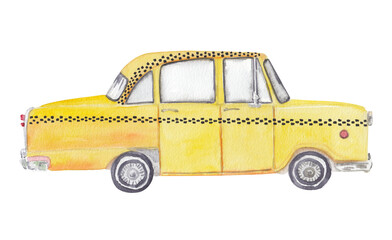 Yellow NEew York taxi USA watercolor illustration on transparent background. 4th of July,  United States transport. Greeting card, travel flyer, party invitation. Hand painted 