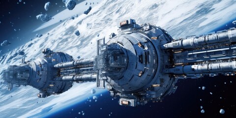 a space station in orbit above a frozen planet, horizontal format, professional photography in a Sci-Fi-themed, JPG. Generative AI