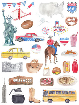 USA watercolor illustrations isolated on white background. American food, landmarks, transport, 4th of July symbols and United States map. Greeting card, travel flyer, party invitation. Hand painted 