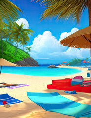 Illustration of Beach in the summer vacations, day scene, AI Generative