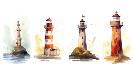 watercolor stickers set of summer sea beach harbour port elements, generative ai