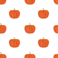 Watercolor pumpkins seamless pattern on the white background