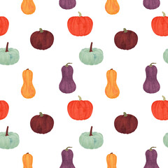 Watercolor pumpkins seamless pattern on the white background