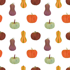 Watercolor pumpkins seamless pattern on the white background