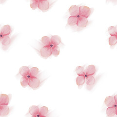 Watercolor pink flowers on white seamless pattern.