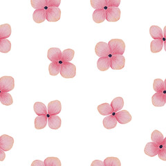 Watercolor pink flowers on white seamless pattern.