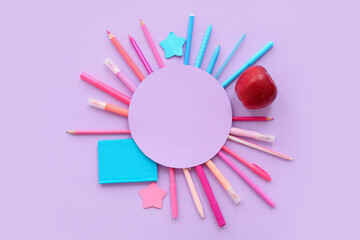 Blank card with fresh red apple and different stationery on lilac background