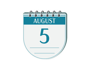 5 august round retro calendar page vector. 3d one day calendar, date appointment, business planner, event reminder illustration. Abstract three dimensional daily date old calendar. 