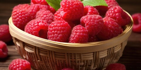 delicious Raspberries in a straw basket, Food-themed, horizontal format in JPG. Generative AI