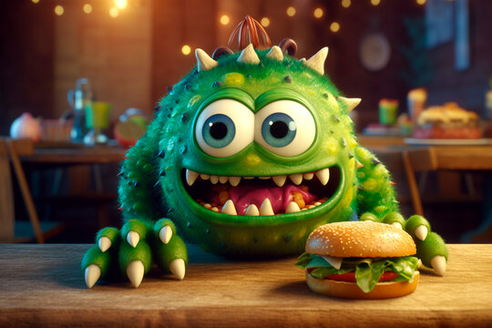 Cute unusual visitor in fast food cafe. Generative AI. Burger day. Funny big-eyed green monster sits at table in restaurant with appetizing hamburger. Image for article, advert, signboard, menu, puzzl