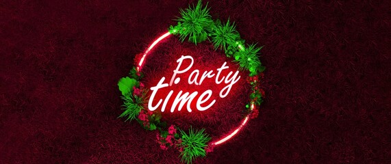 Party Time text word tropical background. Tropical party design with palm leaves and neon lettering. Summer night. Flat lay of minimal nature style.  