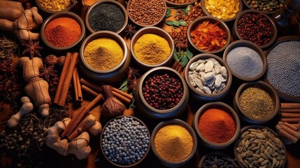  various exotic Spices from around the world, International cuisine, graphic resources, Food-themed, Horizontal format in JPG. Generative AI