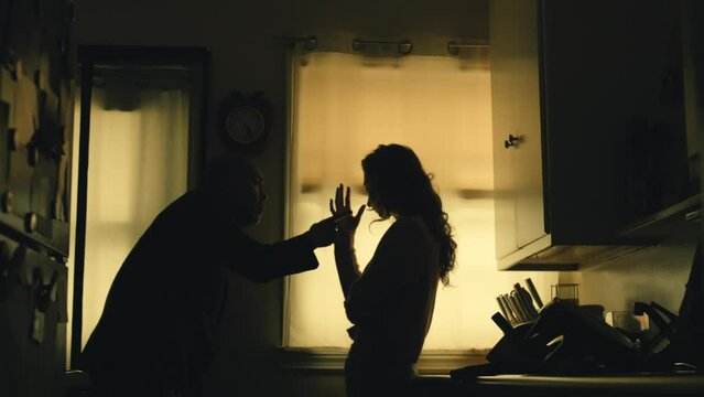 Latino Man Yelling Aggressively at Caucasian Woman Partner, Slow Motion. Shot with ARRI Alexa in ArriRaw at 120 fps, exported 23.98 fps QuickTime Apple ProRes 422 HQ.