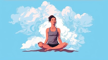 A woman meditates in nature and goes into a trance. Conceptual illustration for yoga, meditation, relaxation, healthy lifestyle. illustration in a flat style. Generative AI.