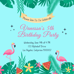 Birthday party invitation card with flamingos, tropical leaves and flowers.