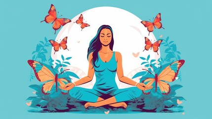 Obraz na płótnie Canvas A woman meditates in nature and goes into a trance. Conceptual illustration for yoga, meditation, relaxation, healthy lifestyle. illustration in a flat style. Generative AI.