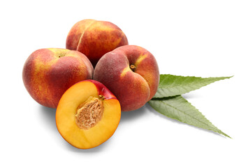 Sweet peach and leaves on white background