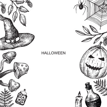 Halloween vector illustration background template for autumn holiday with pumpkin, lantern, toadstool, spider, plants, mystic symbols hand drawn. Design element for card, poster, polygraphy, banner