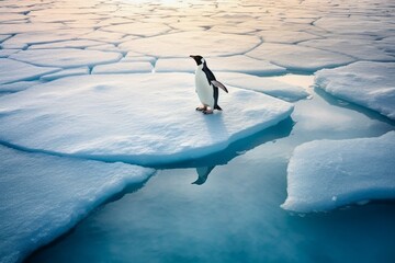 A lone penguin on a melting ice floe. Climate change concept. AI generated, human enhanced - obrazy, fototapety, plakaty
