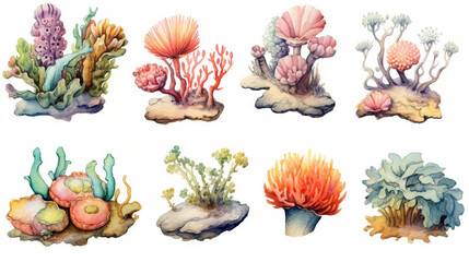 watercolor stickers set of under water life, ai generative