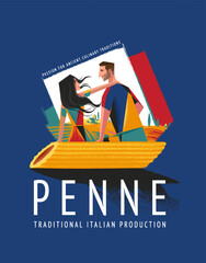 cover for penne pasta package with illustration of man and woman - 613666535