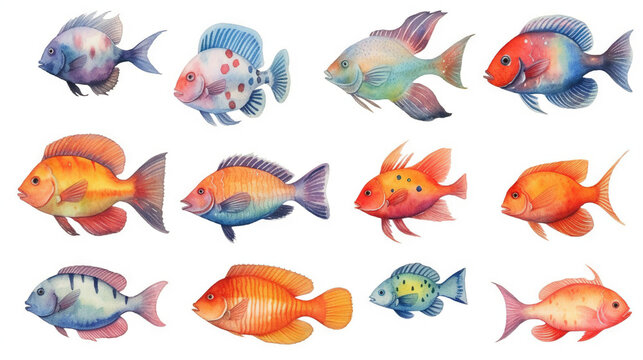 watercolor stickers set of under water life, ai generative