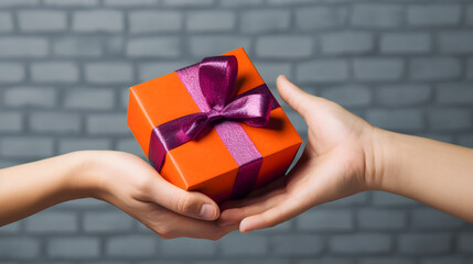 Close up hands exchanging a gift, orange gift with purple ribbon, offering a gift, pretty gift, offering a gift to someone, made with generative AI